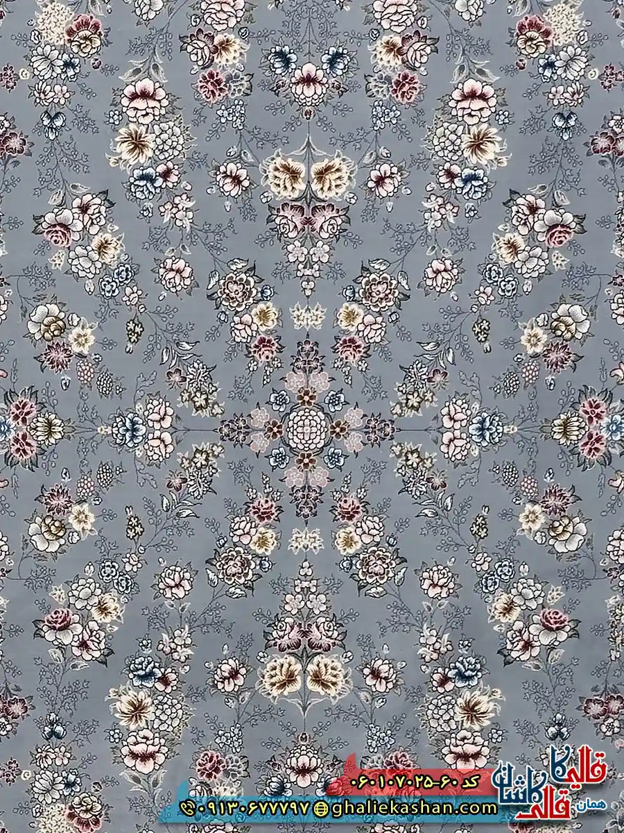فرش کلاسیک 700 شانه طرح افشان ژینوس رنگ طوسی نقره ای کاشان زمینه