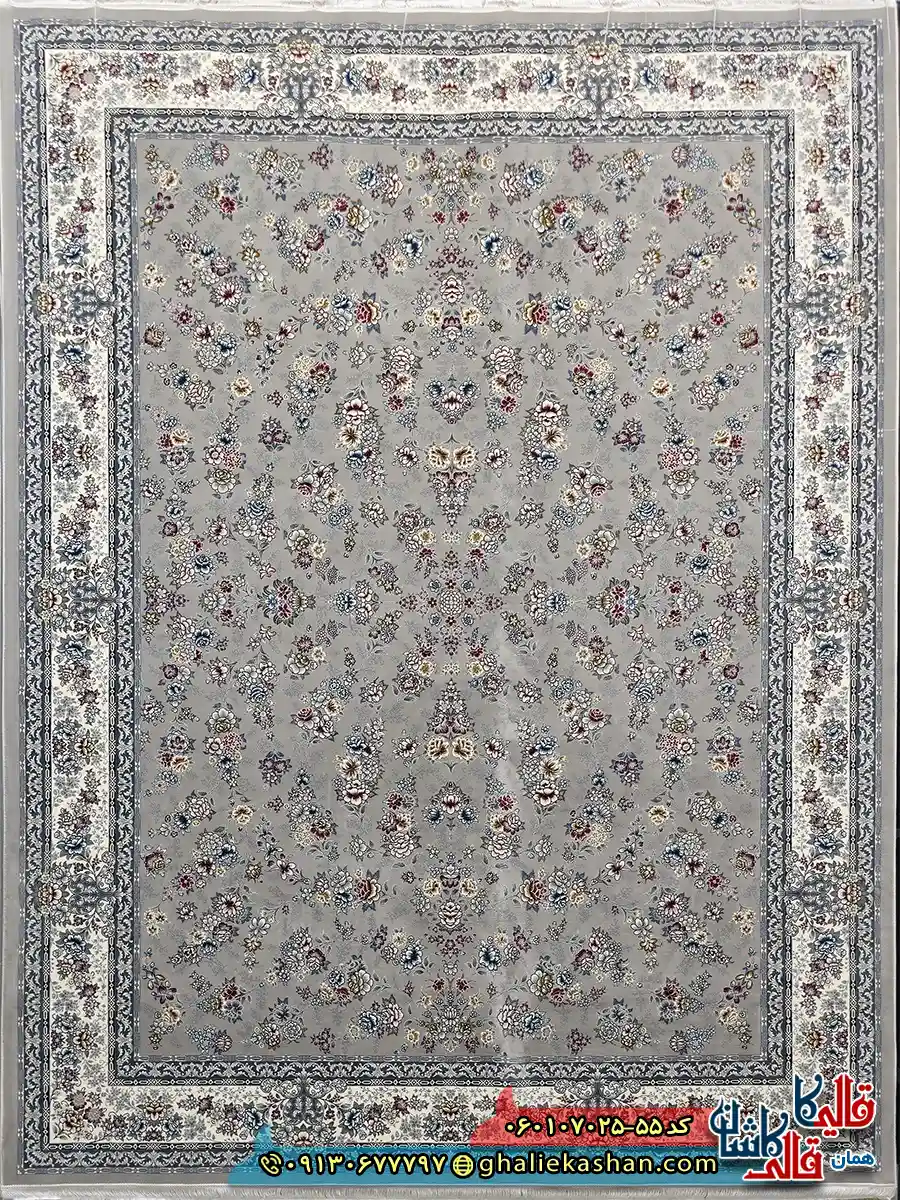 فرش کلاسیک 700 شانه طرح افشان ژینوس رنگ فیلی ترمه ای کاشان اصلی