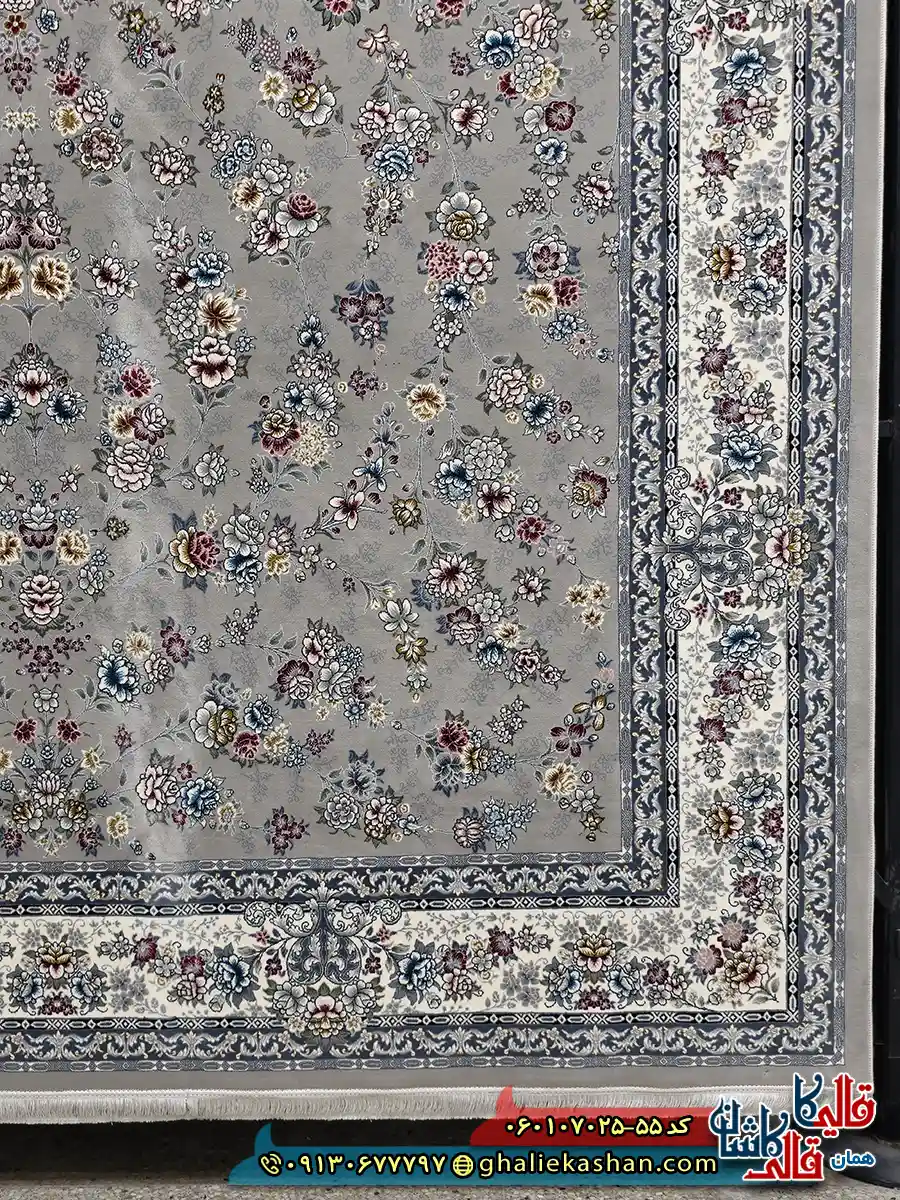فرش کلاسیک 700 شانه طرح افشان ژینوس رنگ فیلی ترمه ای کاشان حاشیه