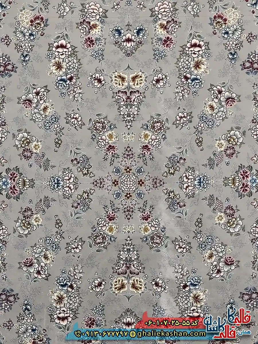 فرش کلاسیک 700 شانه طرح افشان ژینوس رنگ فیلی ترمه ای کاشان زمینه