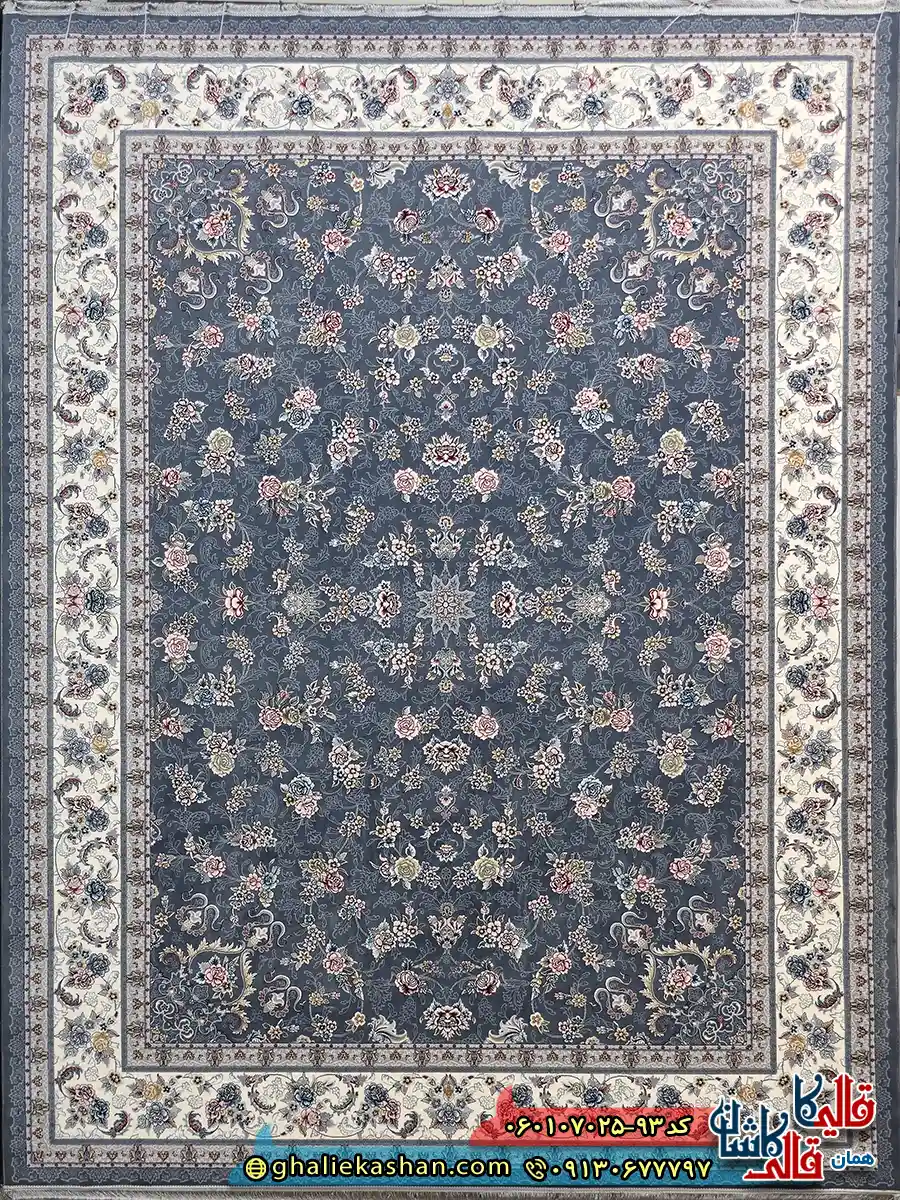 فرش کلاسیک 700 شانه طرح افشان گیلدا رنگ طوسی دودی کاشان اصلی