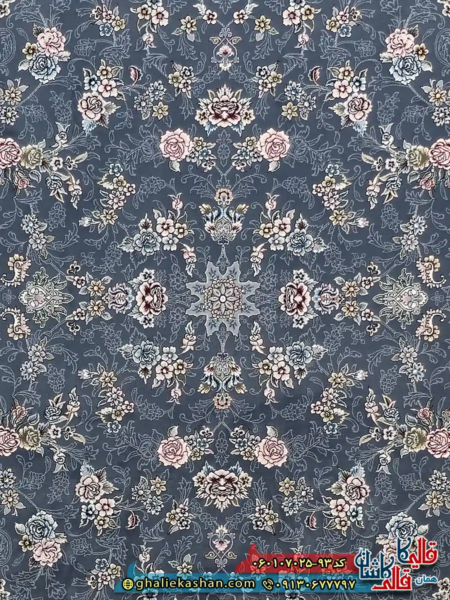فرش کلاسیک 700 شانه طرح افشان گیلدا رنگ طوسی دودی کاشان زمینه