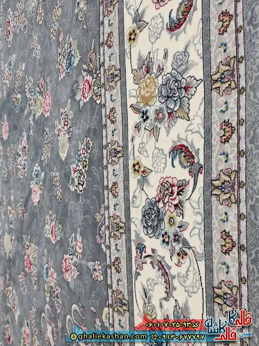 فرش کلاسیک 700 شانه طرح افشان گیلدا رنگ طوسی دودی کاشان نزدیک