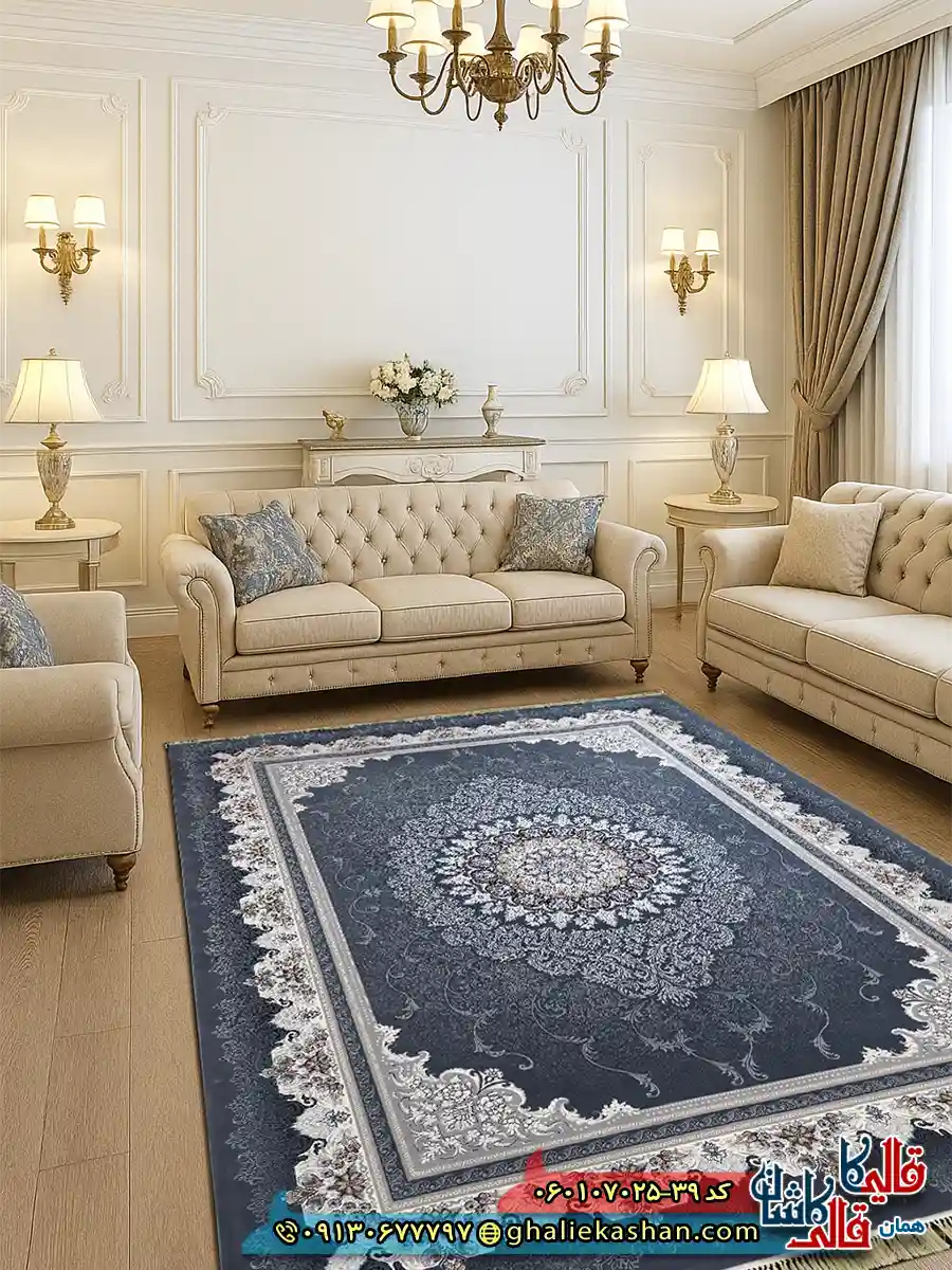 فرش کلاسیک 700 شانه طرح دلاریس رنگ طوسی دودی کاشان دکوراسیون
