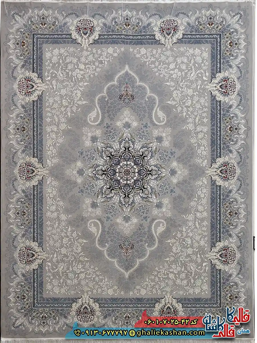 فرش کلاسیک 700 شانه طرح دنیز رنگ فیلی ترمه ای کاشان اصلی