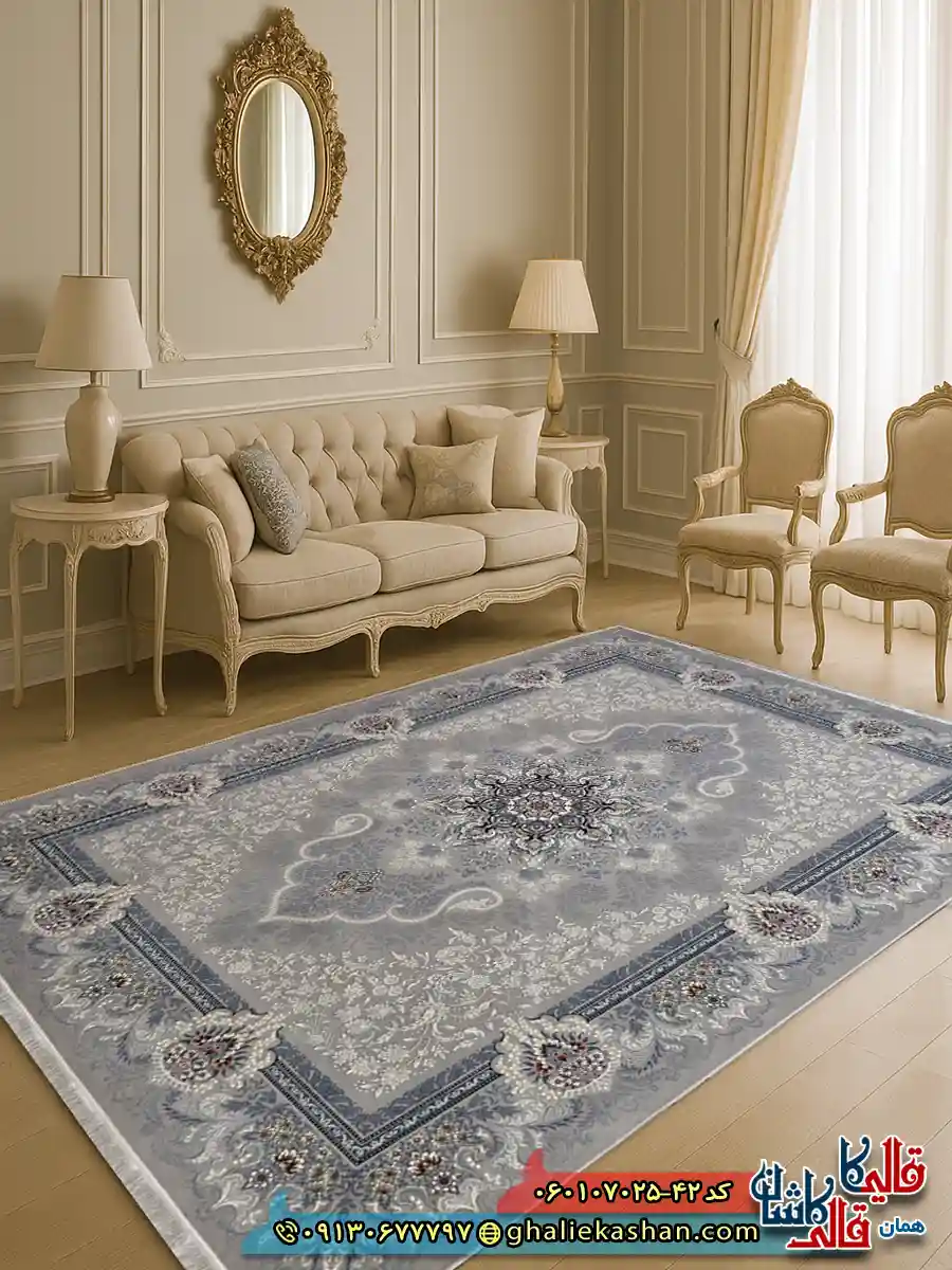 فرش کلاسیک 700 شانه طرح دنیز رنگ فیلی ترمه ای کاشان دکوراسیون