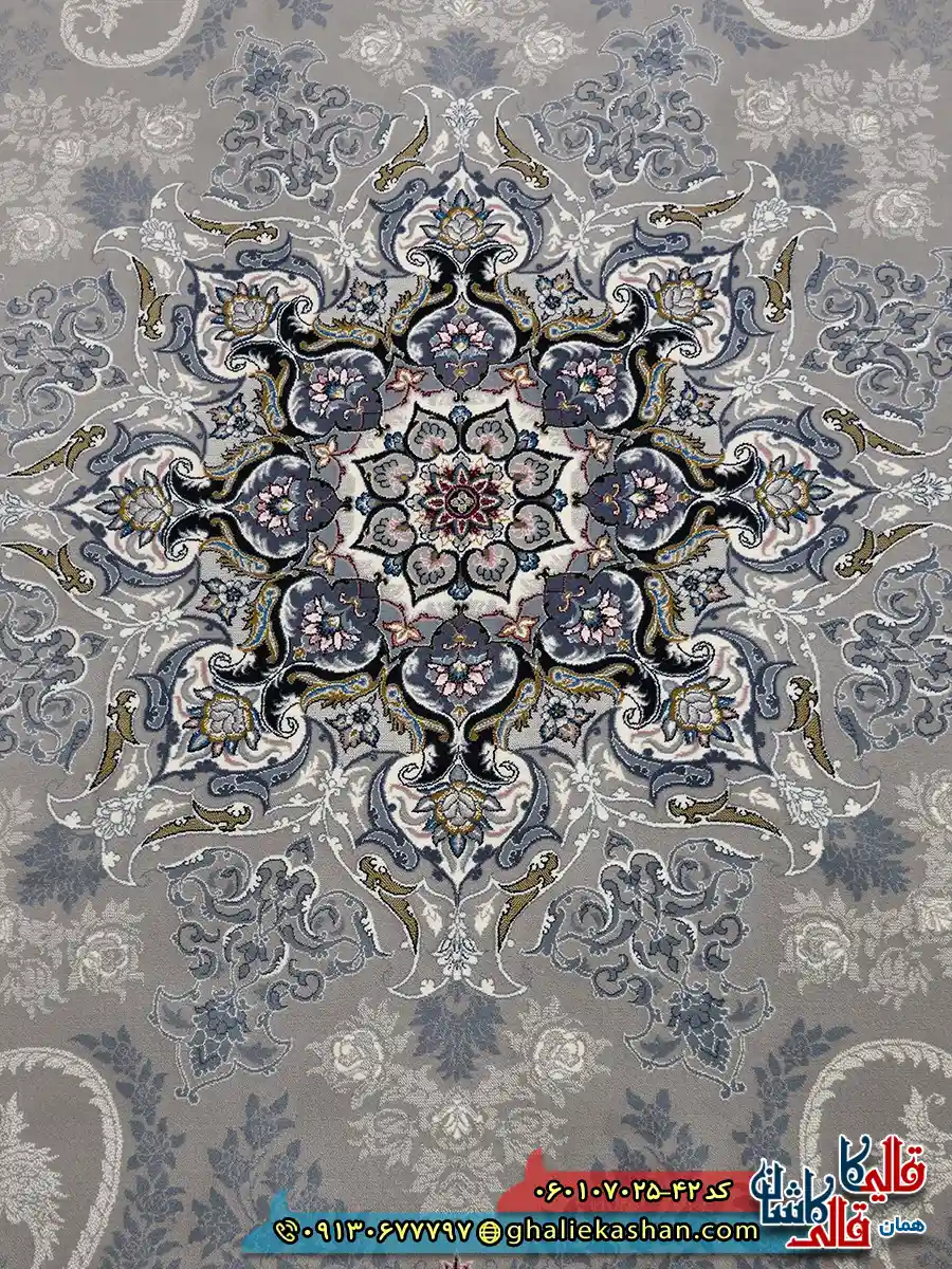 فرش کلاسیک 700 شانه طرح دنیز رنگ فیلی ترمه ای کاشان زمینه