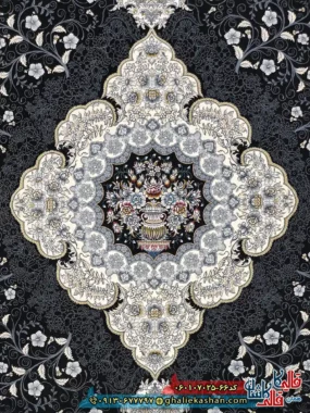 فرش کلاسیک 700 شانه طرح سوگند رنگ سرمه ای کاشان زمینه