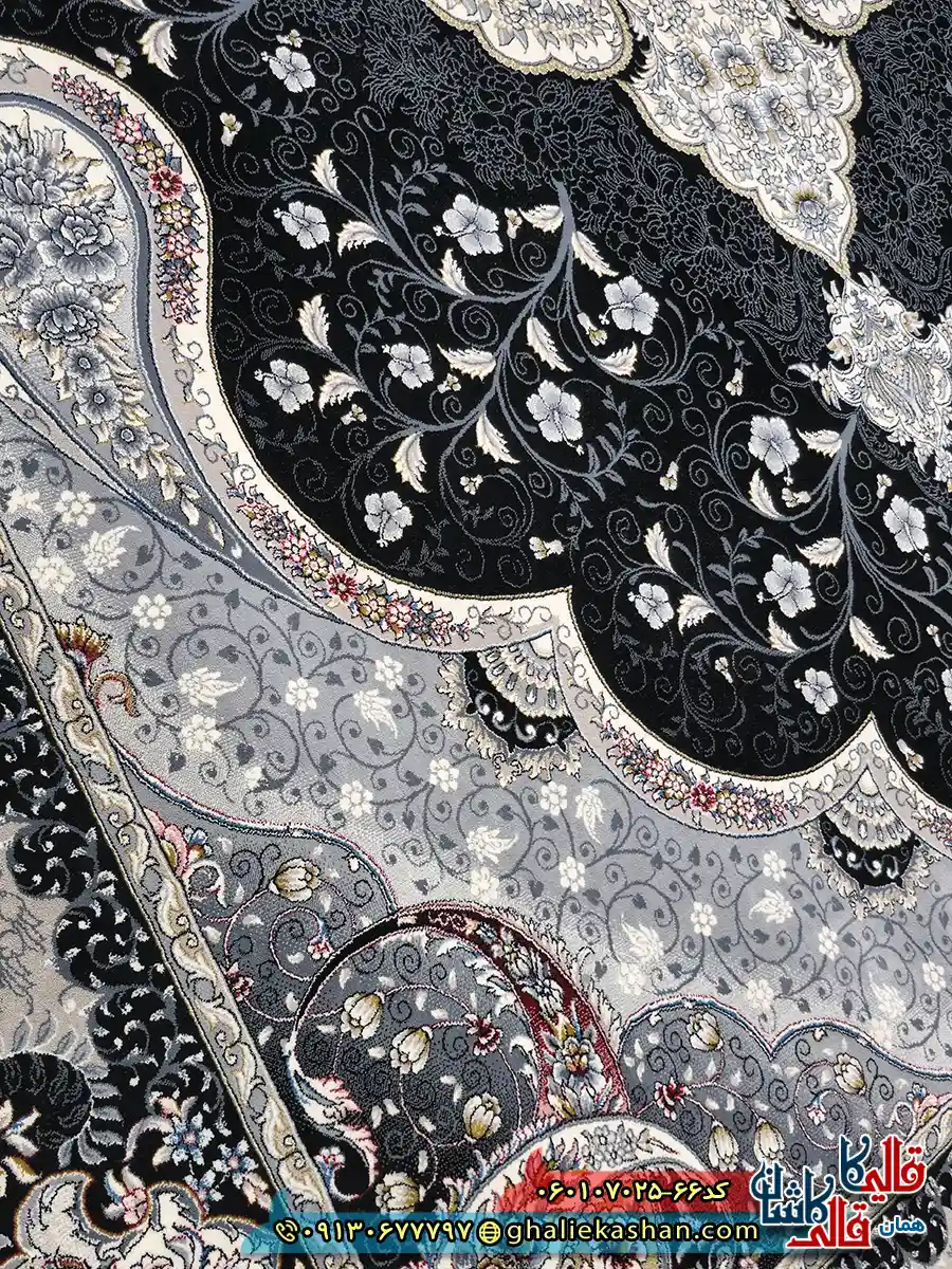 فرش کلاسیک 700 شانه طرح سوگند رنگ سرمه ای کاشان نزدیک 2