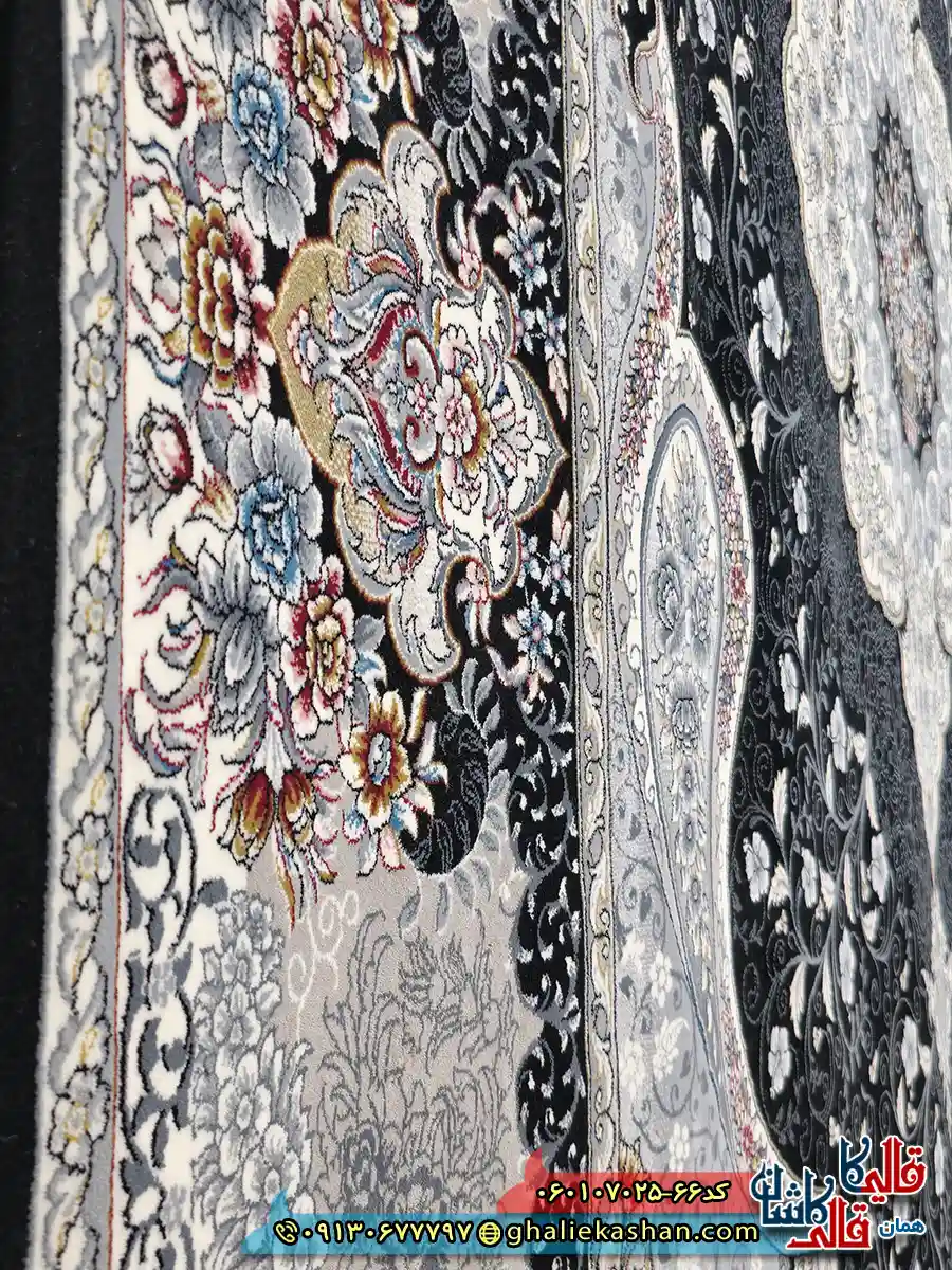 فرش کلاسیک 700 شانه طرح سوگند رنگ سرمه ای کاشان نزدیک