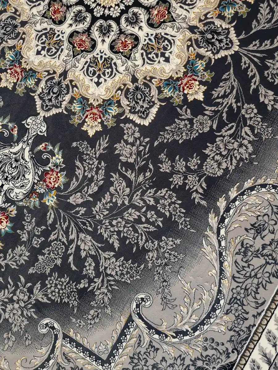 فرش کلاسیک 700 شانه طرح هما رنگ طوسی دودی کاشان نزدیک 2