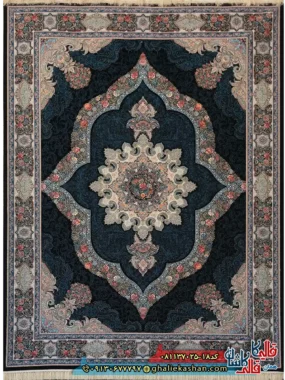 فرش کلاسیک 700 شانه طرح کارینا رنگ سرمه ای کاشان