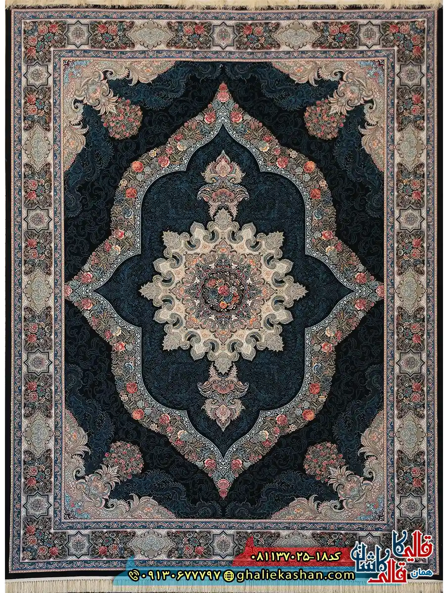 فرش کلاسیک 700 شانه طرح کارینا رنگ سرمه ای کاشان اصلی فرش کلاسیک 700 شانه طرح کارینا رنگ سرمه ای کاشان اصلی