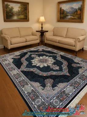 فرش کلاسیک 700 شانه طرح کارینا رنگ سرمه ای کاشان