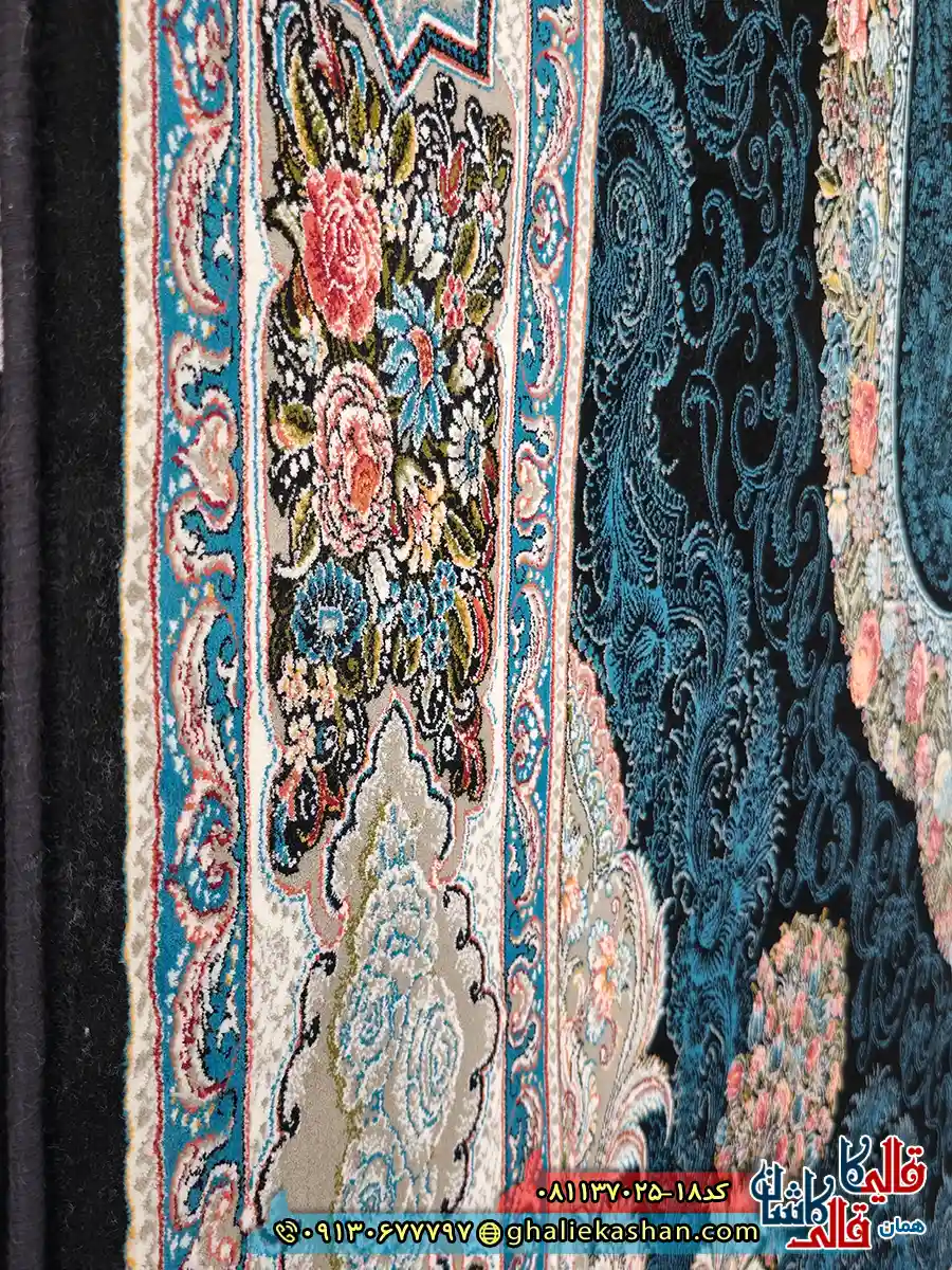 فرش کلاسیک 700 شانه طرح کارینا رنگ سرمه ای کاشان نزدیک