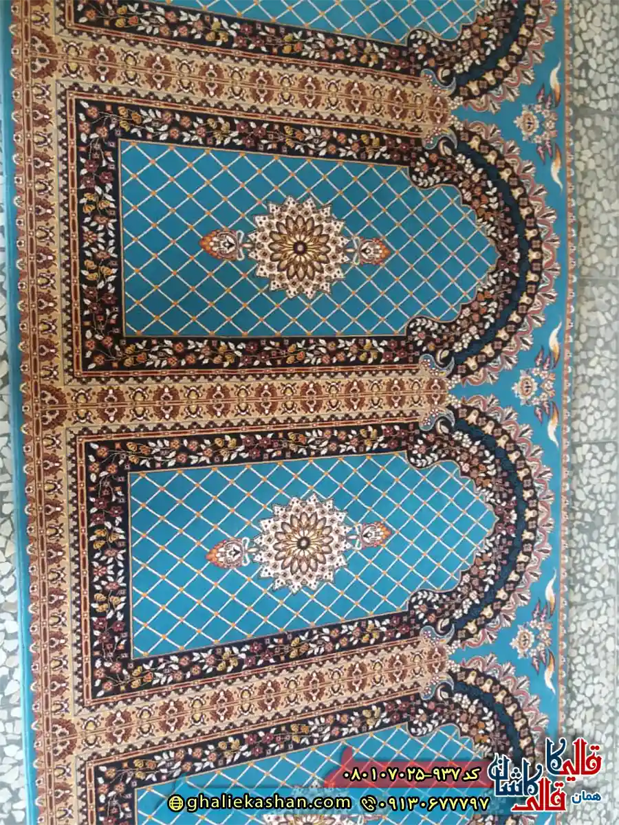 سجاده فرش رولی 700 شانه طرح فردوس رنگ آبی کاشان