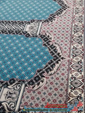 سجاده فرش مسجد و نماز 700 شانه طرح رضوان کتیبه ریز ماهی رنگ آبی کاشان نزدیک