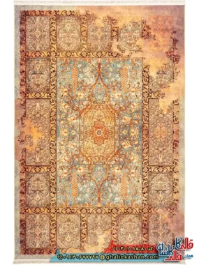 فرش 1000 شانه خشتی طرح نقش جهان زمینه سبز سدری کاشان اصلی