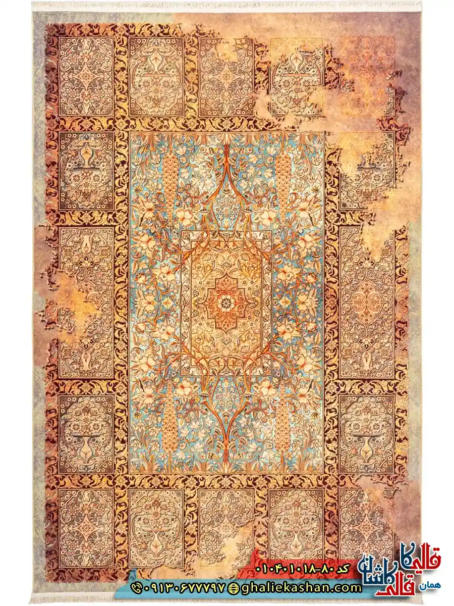 فرش 1000 شانه خشتی طرح نقش جهان زمینه سبز سدری کاشان اصلی