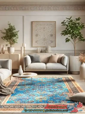 فرش 1000 شانه طرح افشان شاه نگار زمینه آبی کاشان