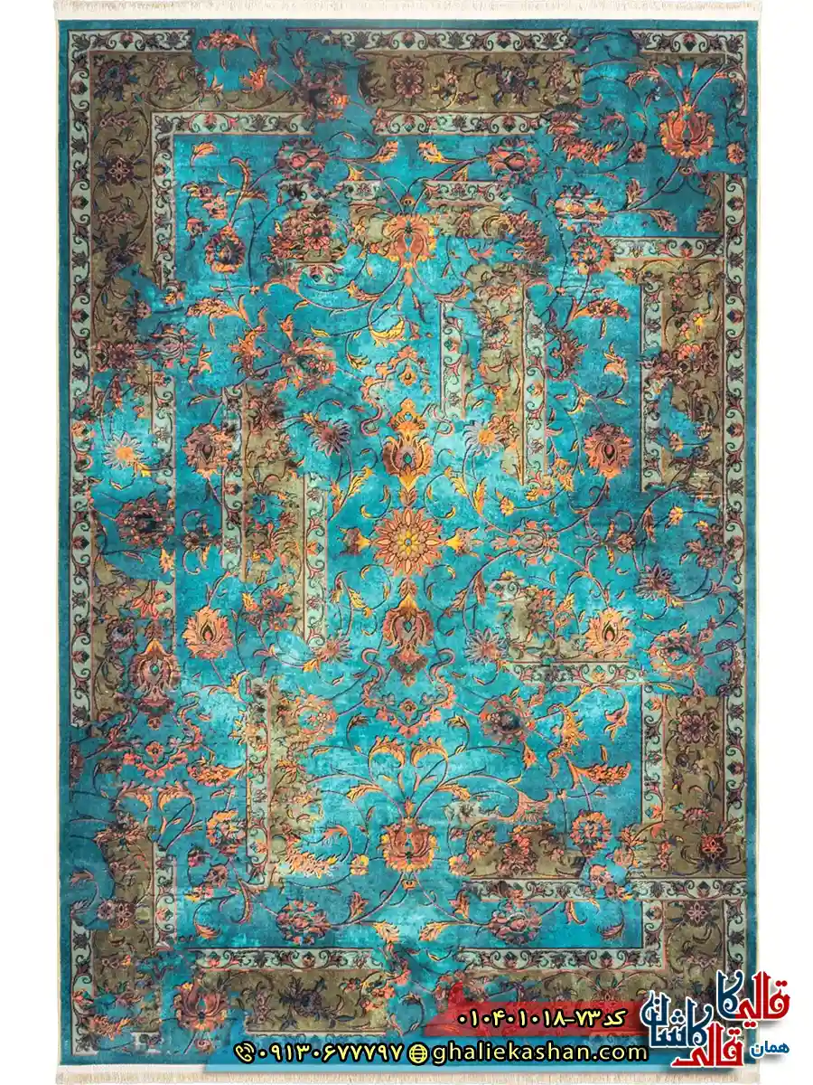 فرش 1000 شانه طرح افشان نگارستان چهل بند زمینه آبی کاشان اصلی