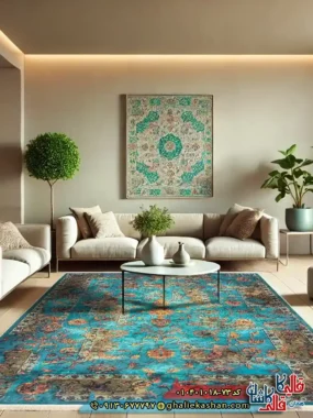 فرش 1000 شانه طرح افشان نگارستان چهل بند زمینه آبی کاشان