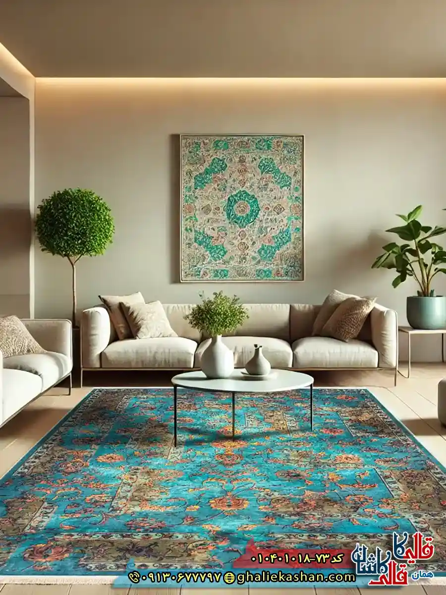 فرش 1000 شانه طرح افشان نگارستان چهل بند زمینه آبی کاشان دکوراسیون