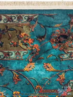 فرش 1000 شانه طرح افشان نگارستان چهل بند زمینه آبی کاشان نزدیک