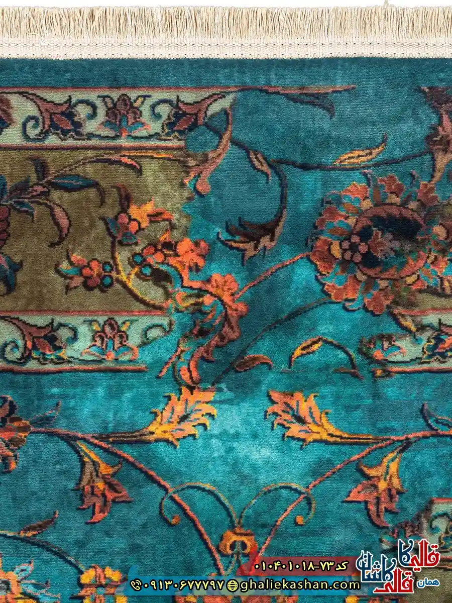 فرش 1000 شانه طرح افشان نگارستان چهل بند زمینه آبی کاشان نزدیک