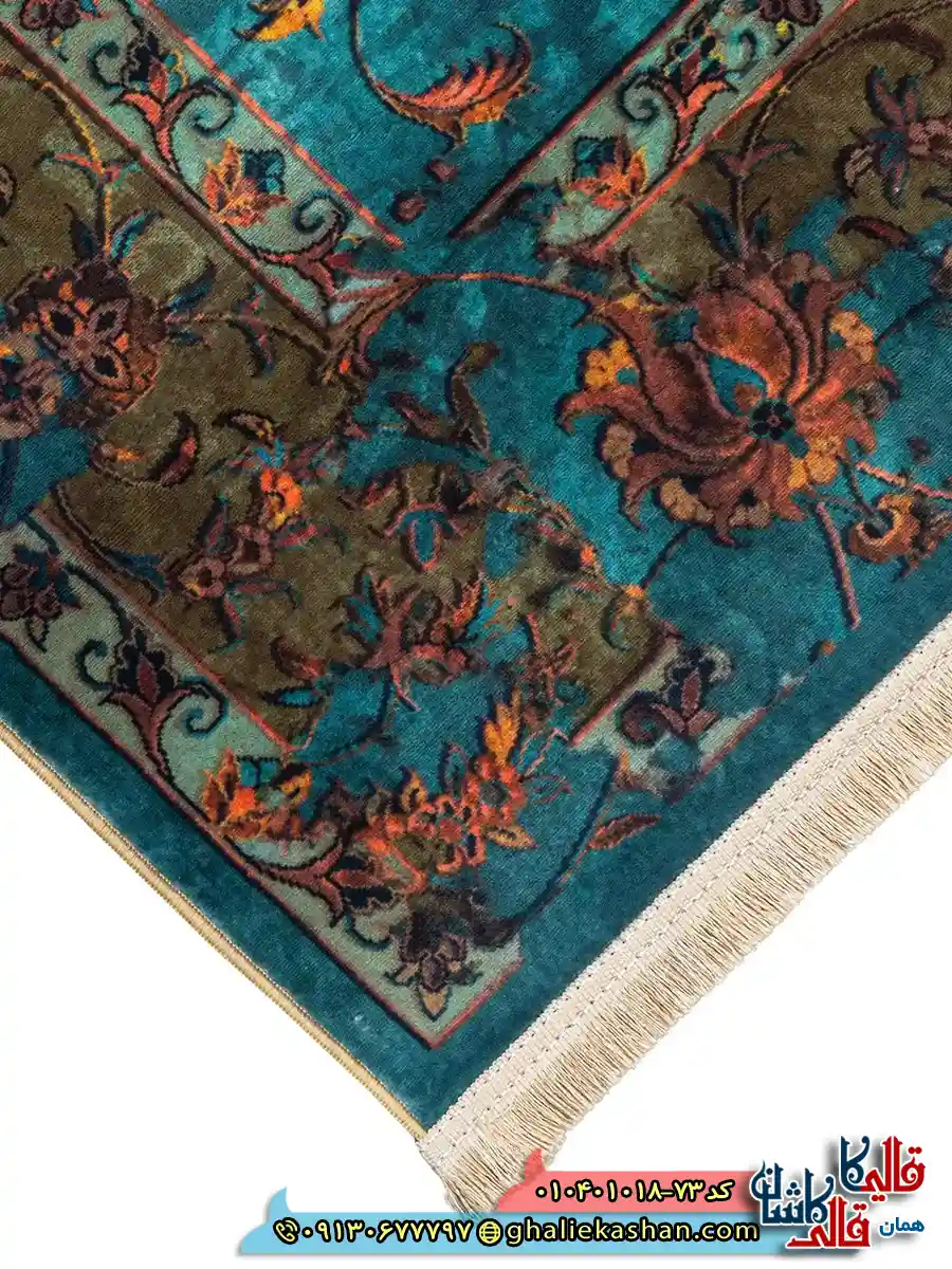 فرش 1000 شانه طرح افشان نگارستان چهل بند زمینه آبی کاشان نزدیک2