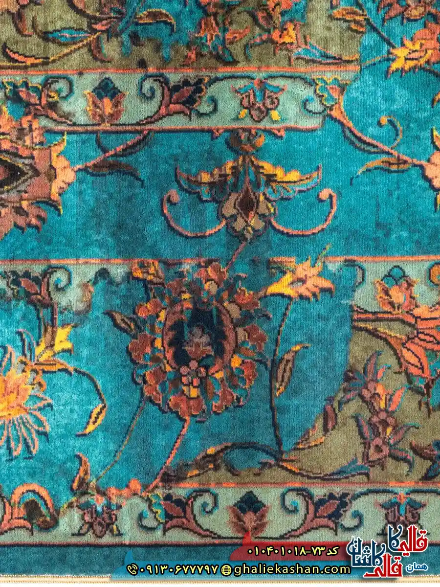 فرش 1000 شانه طرح افشان نگارستان چهل بند زمینه آبی کاشان نزدیک3