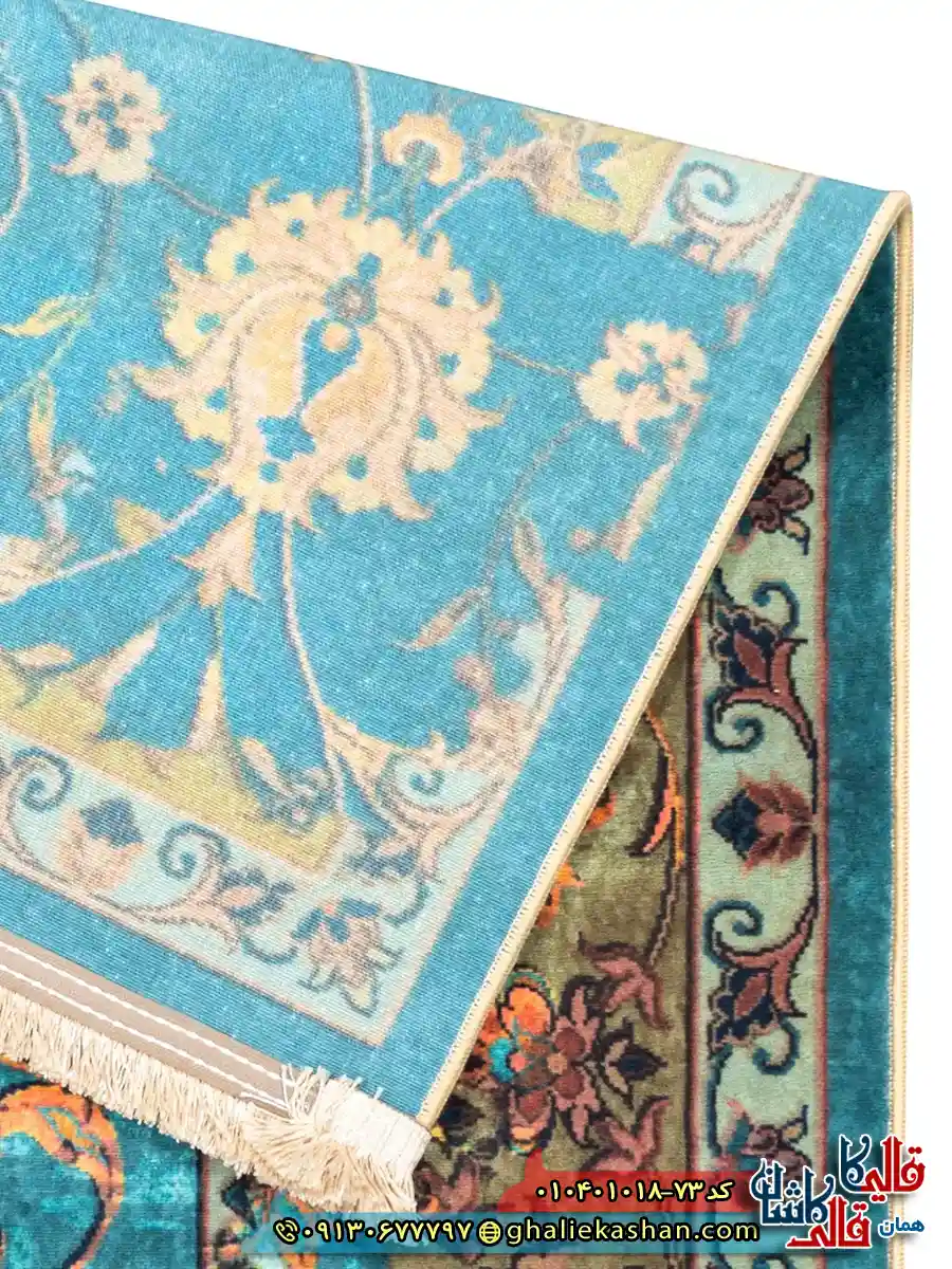فرش 1000 شانه طرح افشان نگارستان چهل بند زمینه آبی کاشان نزدیک4