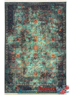 فرش 1000 شانه طرح افشان نگارستان چهل بند زمینه سبز خزه ای کاشان اصلی