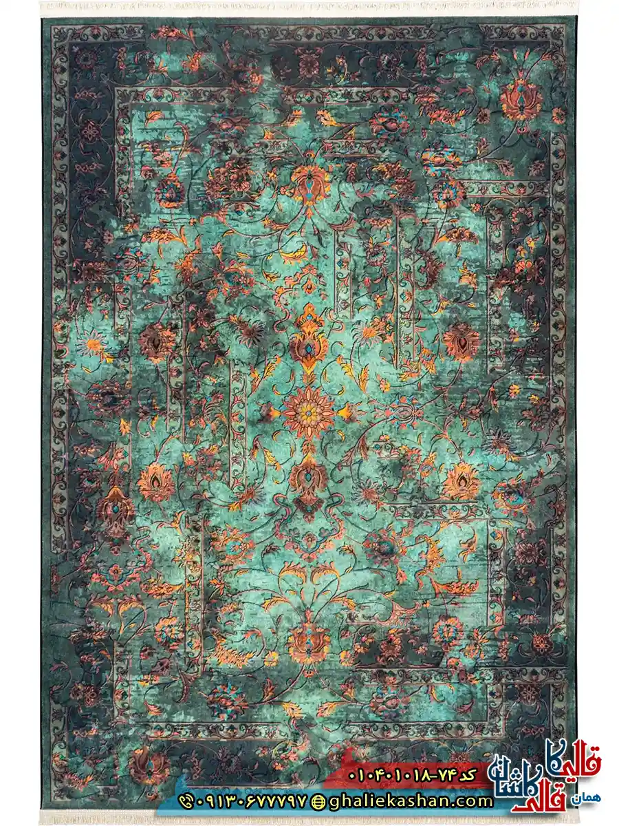 فرش 1000 شانه طرح افشان نگارستان چهل بند زمینه سبز خزه ای کاشان اصلی
