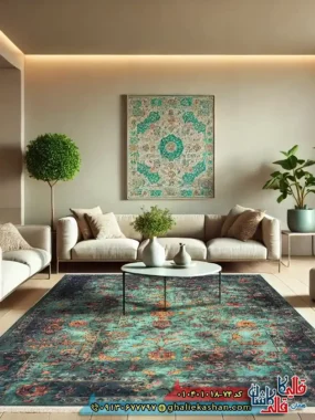 فرش 1000 شانه طرح افشان نگارستان چهل بند زمینه سبز خزه ای کاشان