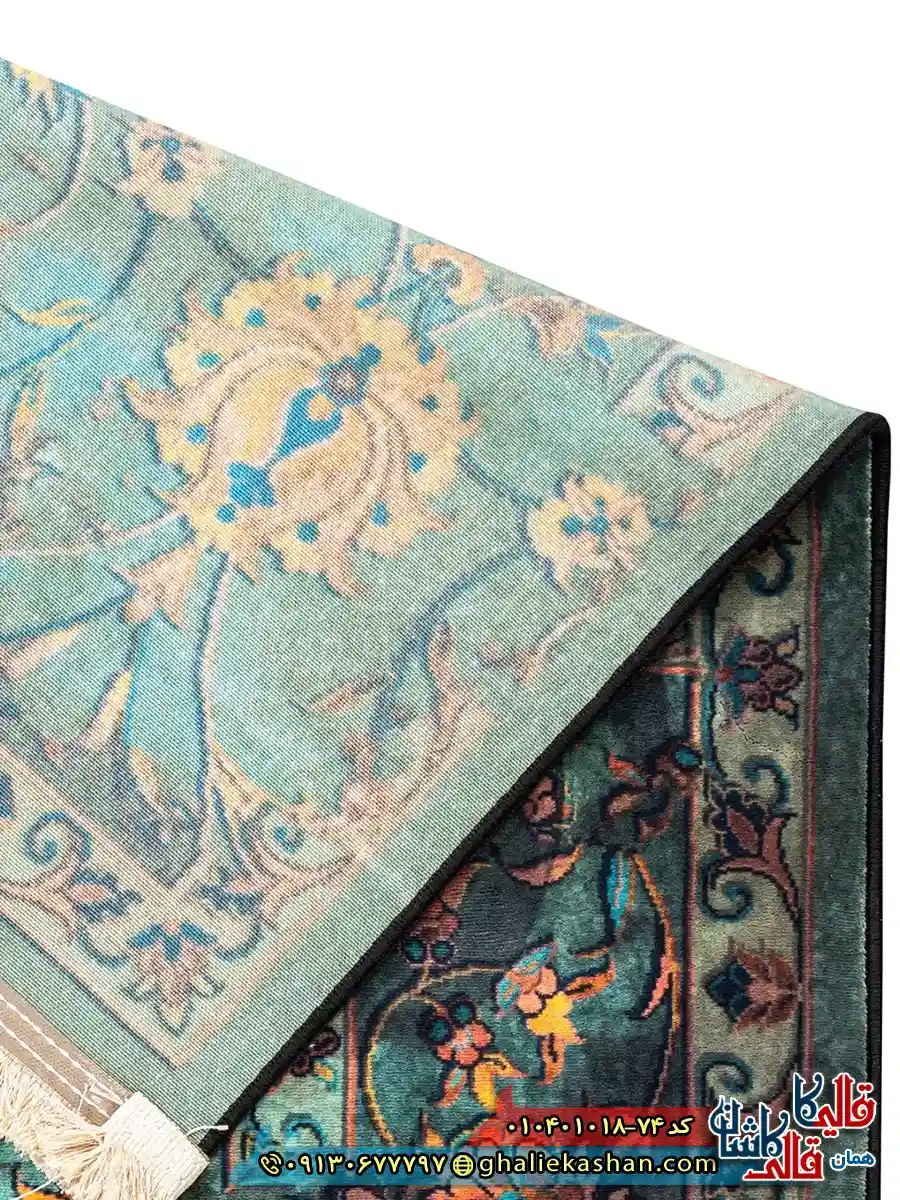 فرش 1000 شانه طرح افشان نگارستان چهل بند زمینه سبز خزه ای کاشان نزدیک4