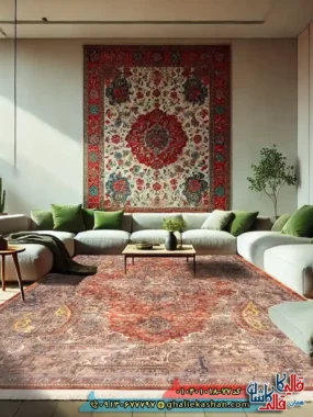 فرش 1000 شانه طرح قلمدان چهل بند زمینه قهوه ای کاشان