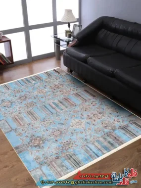 فرش وینتیج 1000 شانه طرح نونقش داریا زمینه آبی کاشان