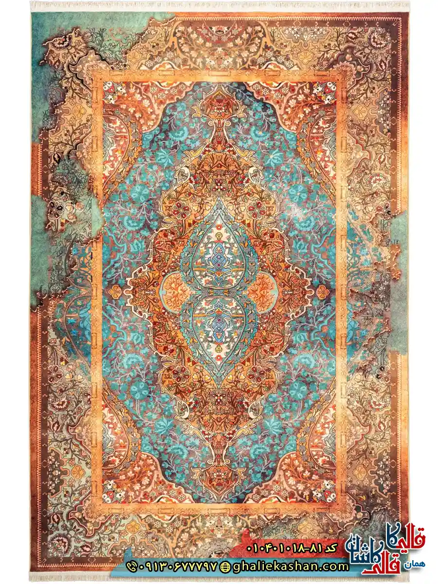 فرش 1000 شانه طرح کاساندرا زمینه سبز دریایی کاشان اصلی