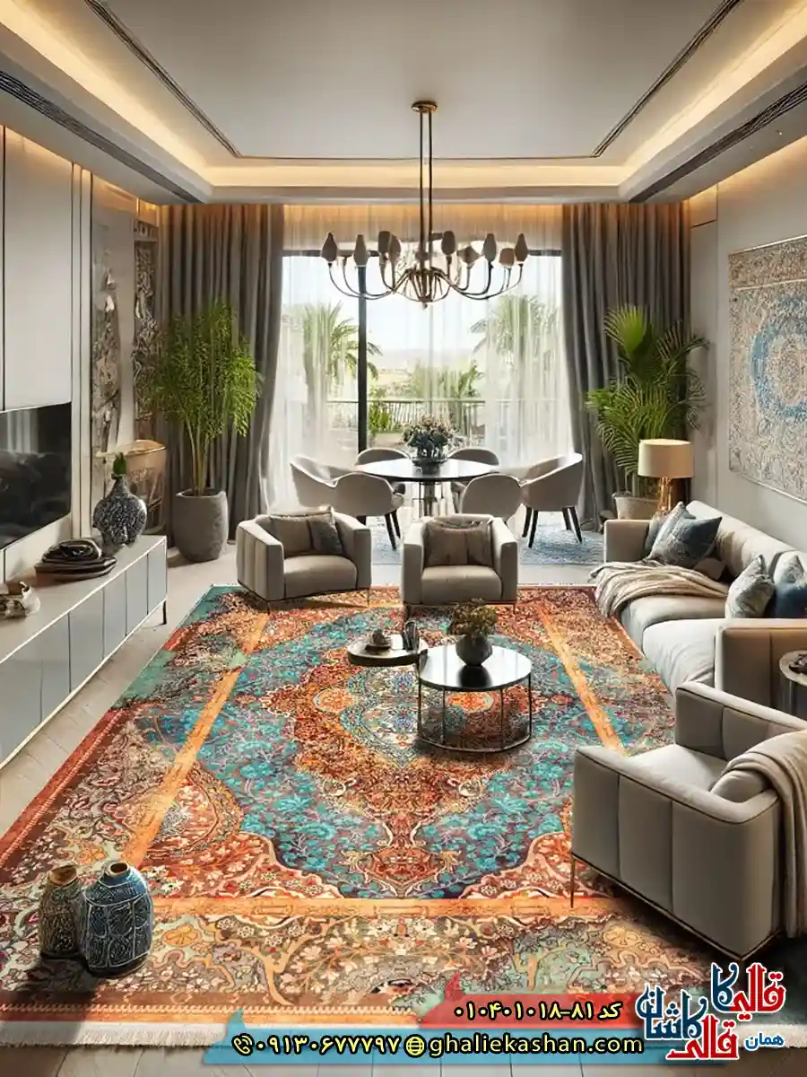 فرش 1000 شانه طرح کاساندرا زمینه سبز دریایی کاشان دکوراسیون