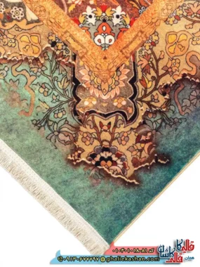 فرش 1000 شانه طرح کاساندرا زمینه سبز دریایی کاشان نزدیک2