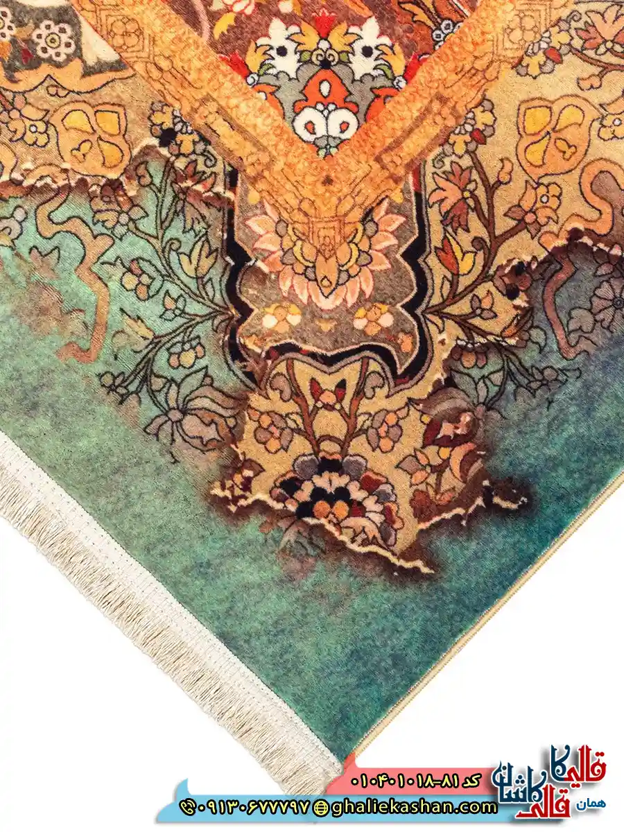 فرش 1000 شانه طرح کاساندرا زمینه سبز دریایی کاشان نزدیک2