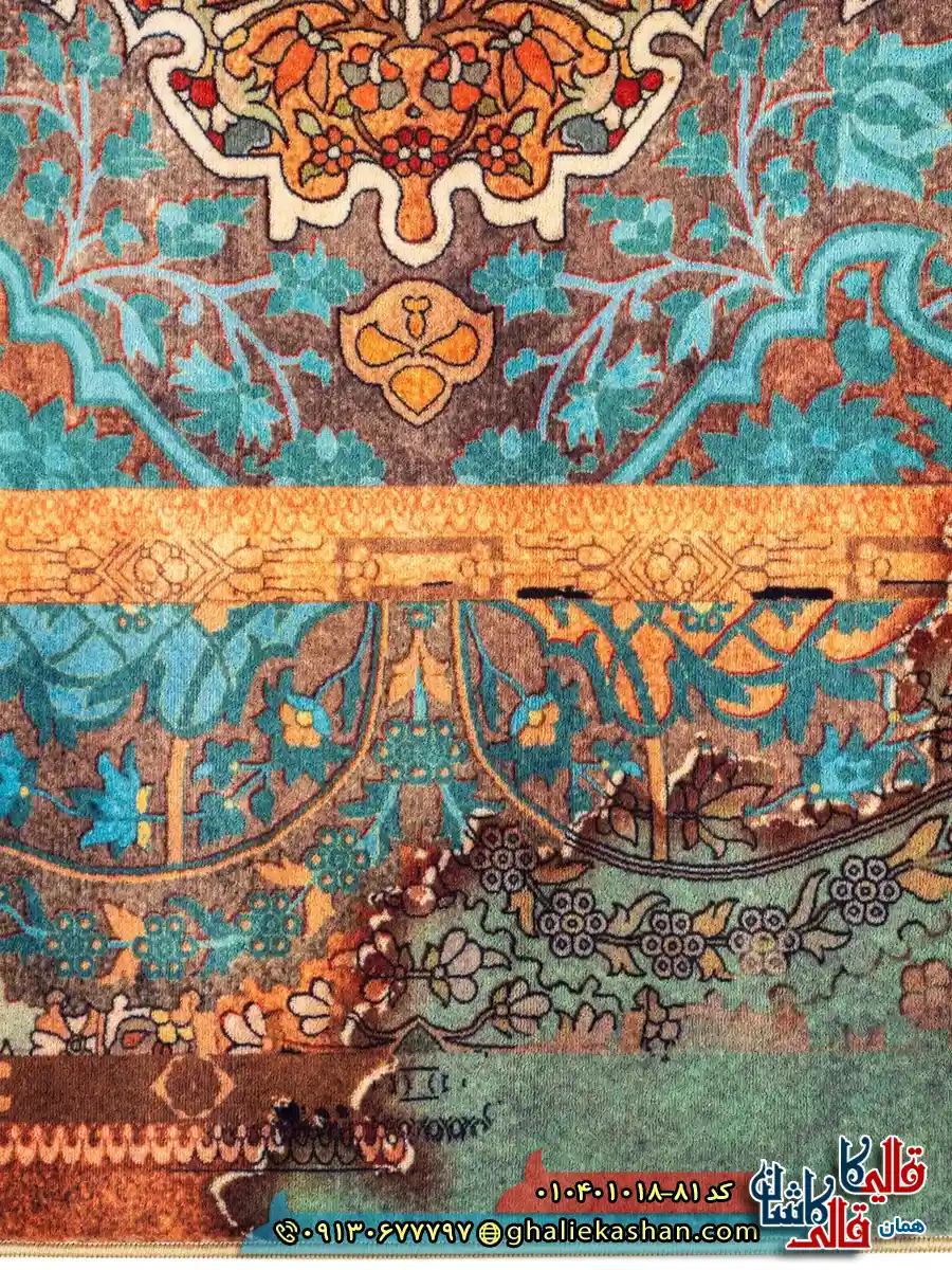 فرش 1000 شانه طرح کاساندرا زمینه سبز دریایی کاشان نزدیک3
