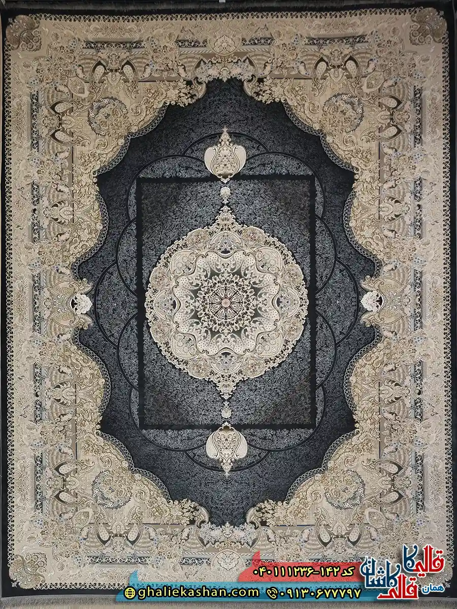 فرش 1200 شانه طرح آبادیس رنگ سرمه ای گل برجسته کاشان اصلی