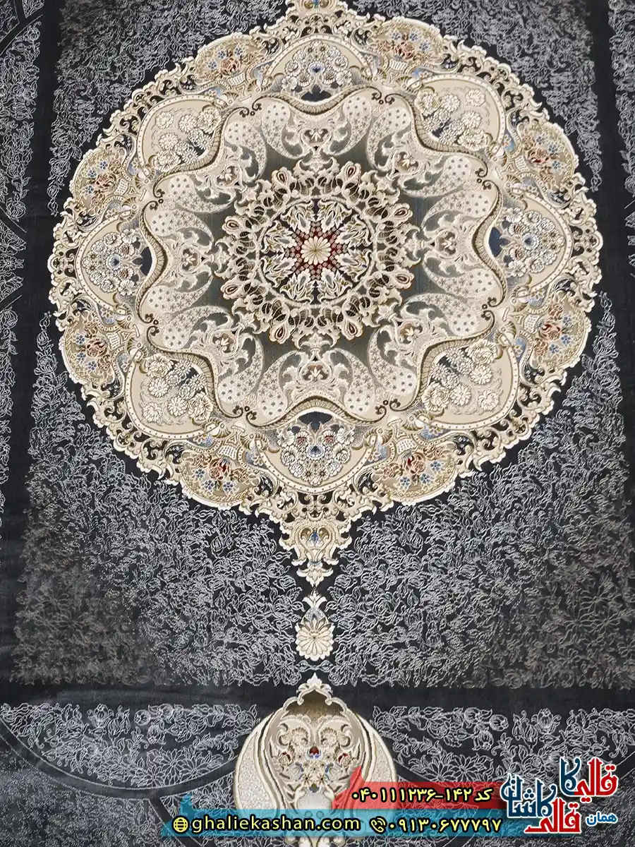 فرش 1200 شانه طرح آبادیس رنگ سرمه ای گل برجسته کاشان زمینه