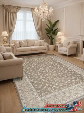 فرش 1200 شانه طرح افشان دلربا رنگ طوسی سیلور گل برجسته کاشان