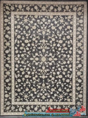 فرش 1200 شانه طرح افشان دلربا رنگ طوسی متالیک گل برجسته کاشان اصلی