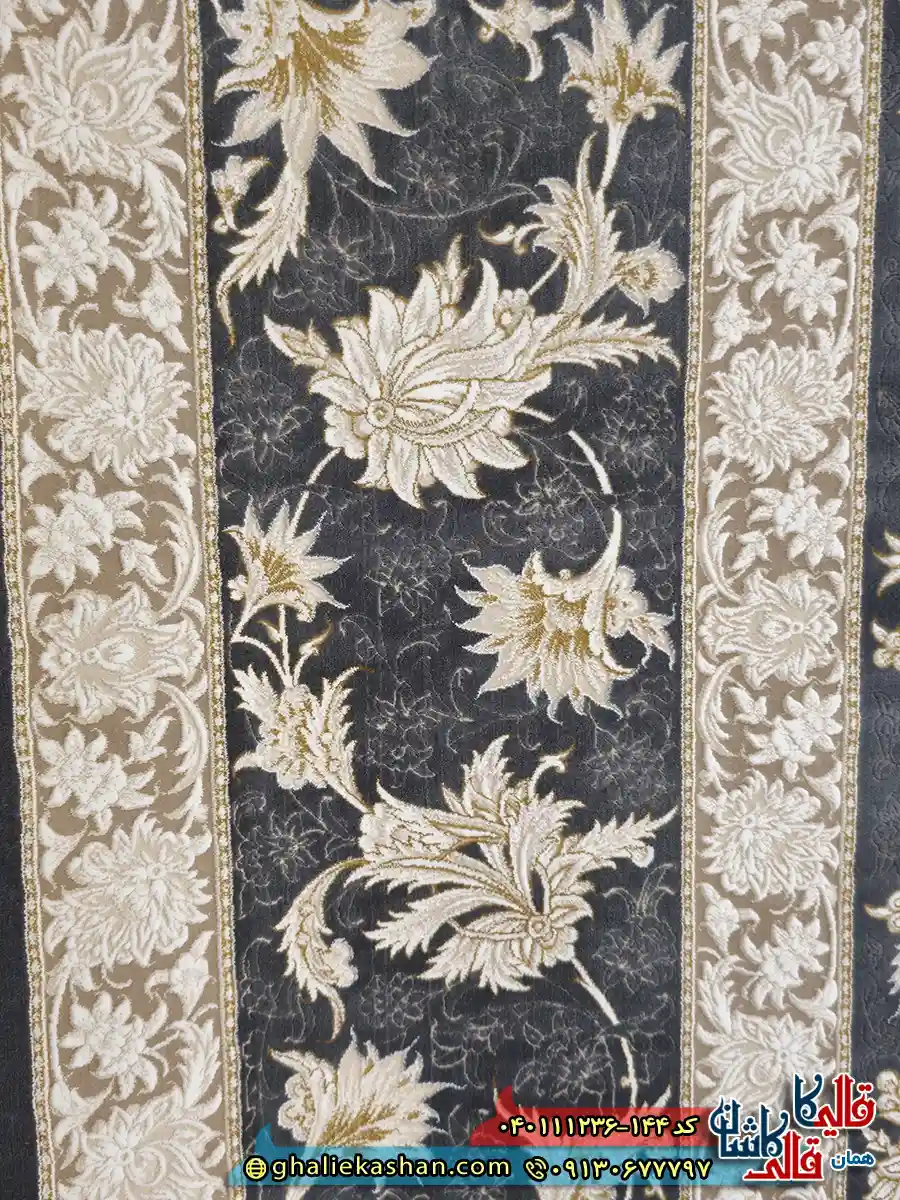 فرش 1200 شانه طرح افشان دلربا رنگ طوسی متالیک گل برجسته کاشان نزدیک