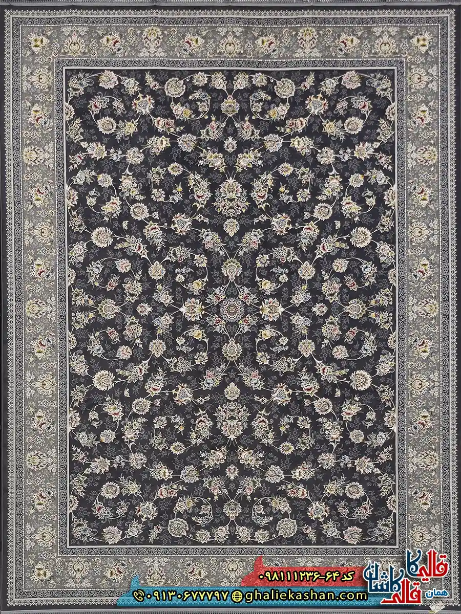 فرش 1200 شانه طرح افشان دلوین رنگ طوسی دودی گل برجسته کاشان اصلی