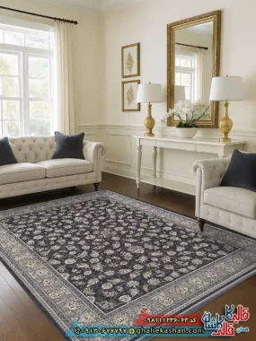 فرش 1200 شانه طرح افشان دلوین رنگ طوسی دودی گل برجسته کاشان